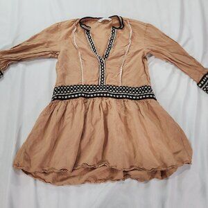 Zara brown v neck 3/4 quarter length sleeve mini dress size XS
